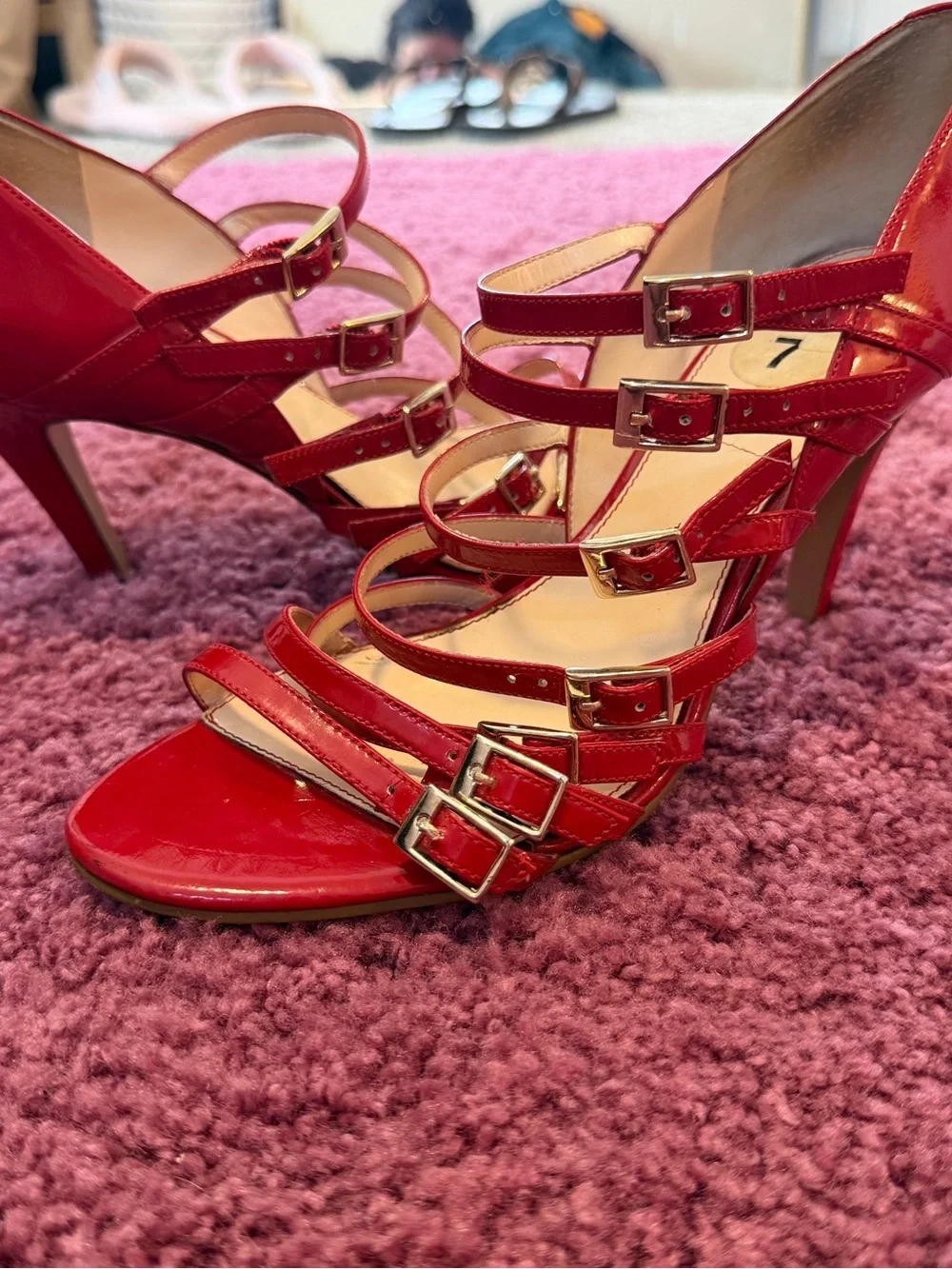 NINE WEST Red leather Strappy gold buckles high heel sandals - Size US 7